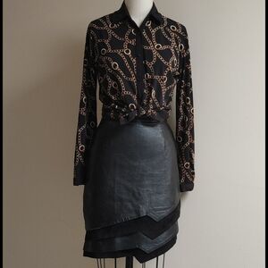 Vintage Designer Layered Leather Black Lambskin Skirt